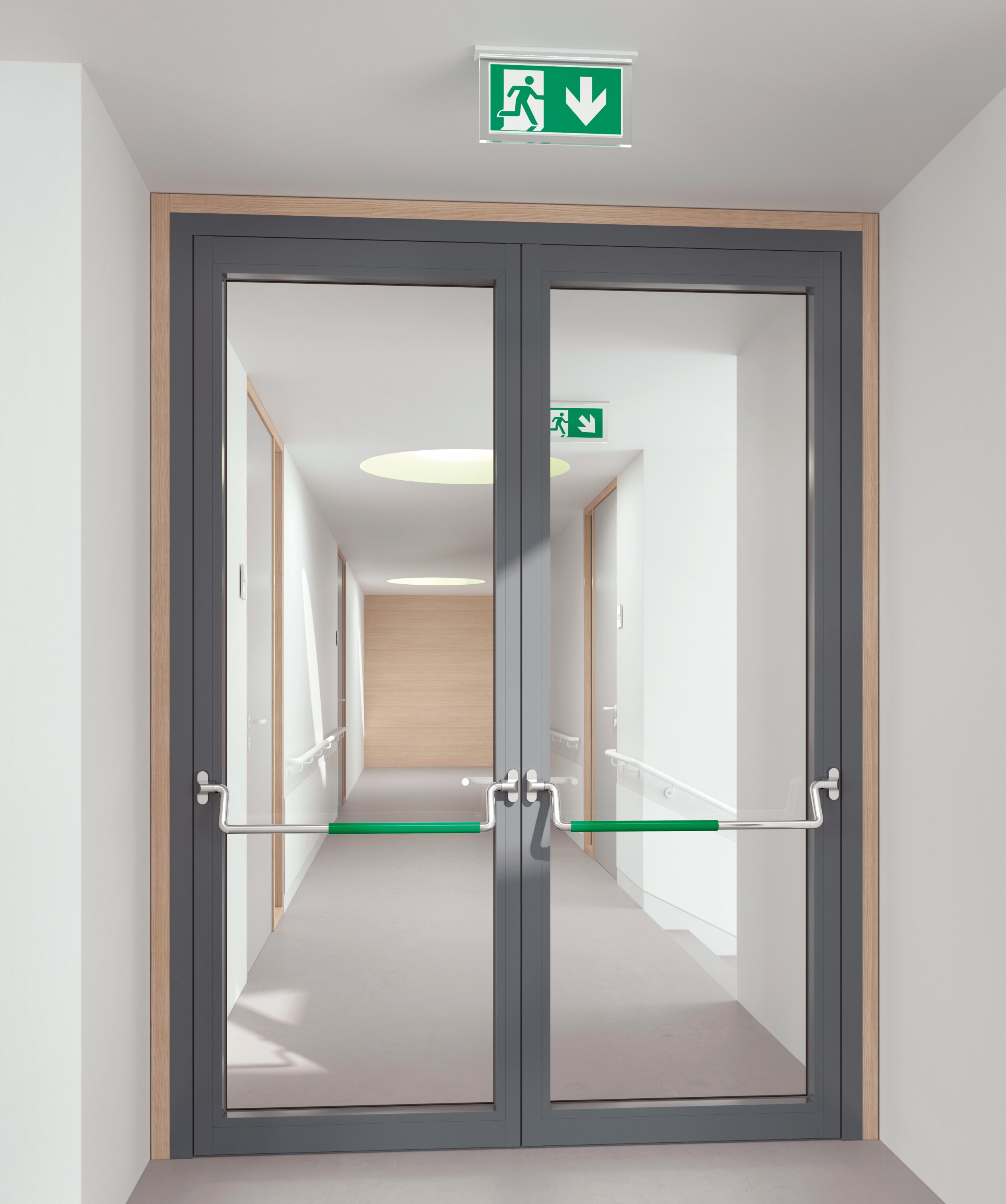 Double glass door equipped with two stainless steel panic bars with green polyamide handle tube