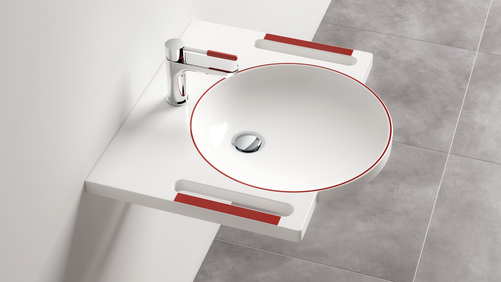 Washbasin and tap with red contrasting colours for dementia patients